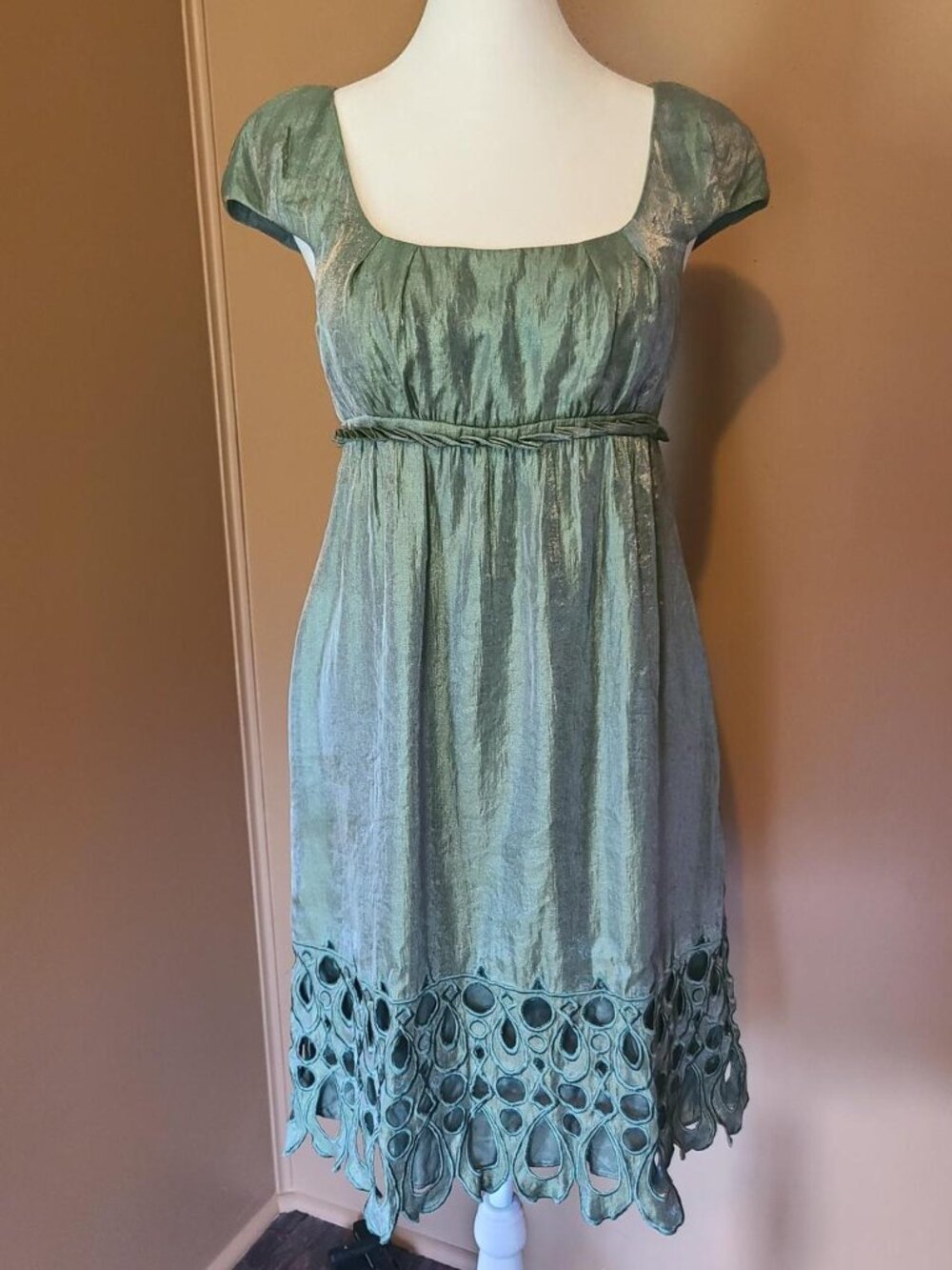 Adrianna Papell Satin Petite Midi Dress Womens Size 4P Sage Wedding Guest